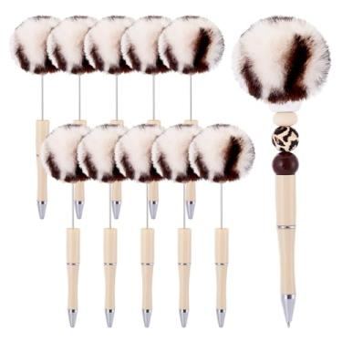 Imagem de Spritewelry Caneta esferográfica de pelúcia fofa, pompom, 10 peças, faça você mesmo, canetas esferográficas de plástico com estampa de leopardo, cano preto, suprimentos para escritório, escola, bisque