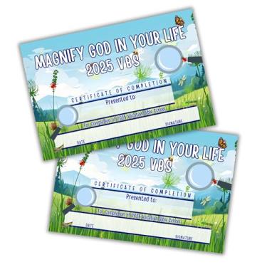 Imagem de 2025 VBS Certificado de Conclusão Magnify God In Your Life Pacote com 50 unidades 23x15 cm Férias Bíblia Escola Award Participação Salmos Maagnifying Glass