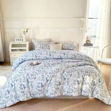 Imagem de Conjunto de edredom EAVD Queen branco/azul, microfibra floral, 3 peças