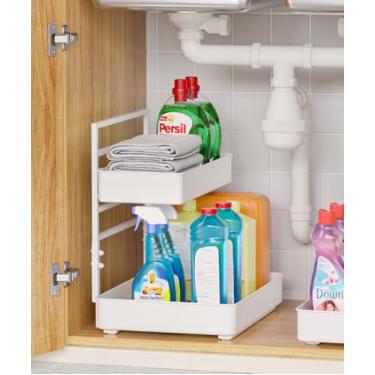 Imagem de Everie Organizador de prateleira deslizante para organização embaixo da pia na cozinha, banheiro, balcão, armários (branco, 1 conjunto)