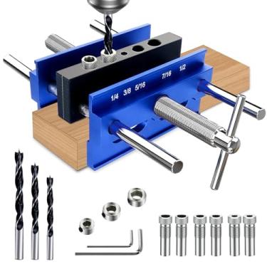 Imagem de Kit de gabarito de cavilha autocentralizada, gabarito de broca para furos retos conjunto de marceneiro de biscoito, guia de perfuração ajustável, ferramentas de trabalho de madeira com 3 brocas e 6 buchas de guia de broca, gabarito de cavagem de madeira para marcenaria