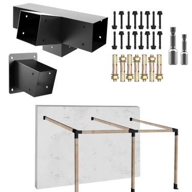 Imagem de ITeVe.GD Kit de suportes de pérgola de telhado inclinado de 15°, suporte de canto angular de 4 vias com base de poste de montagem na parede para madeira de 10 x 10 cm (real: 8,9 cm x 9 cm) para