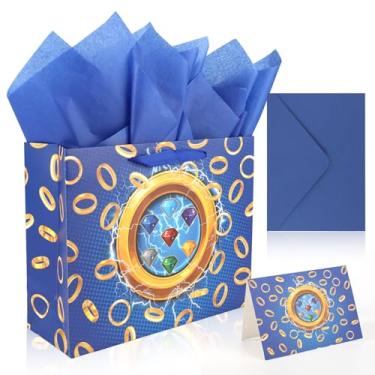 Imagem de SAVITA Conjunto Sacolas Presente Videogame com Cartão Felicitações e Papéis Seda, Sacolas Papel Azuis com Estampa Anel Dourado para Meninos Crianças Decoração Aniversário Doces Petiscos Festa