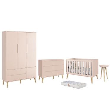 Imagem de Dormitório Infantil Theo 3 Portas, Cômoda 6 Gavetas, Berço, Mesa de Canto com Pés Madeira Natural e Colchão - Reller Móveis Rosa Fosco