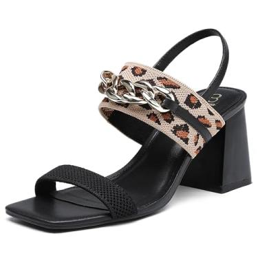 Imagem de NEWBELLA COSY Sandália feminina de malha quadrada – Salto grosso sem cadarço com alça de corrente de metal, antiderrapante confortável para caminhadas, compras, festas, Leopardo preto, 36