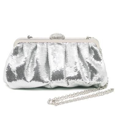 Imagem de ATQCOL Bolsas clutch de lantejoulas para mulheres com miçangas plissadas com glitter, elegantes para festas de casamento e noite, Prata, 9.05" x 1.96" x 5.11"