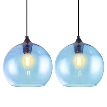 Imagem de GLAMIGHT Luminárias Pendentes Azuis Glamight, Iluminação Moderna Para Ilha De Cozinha, Globo Vidro Soprado À Mão, Suspensas Teto Quarto, Sala Estar E Jantar, Pacote Com 2 Unidades