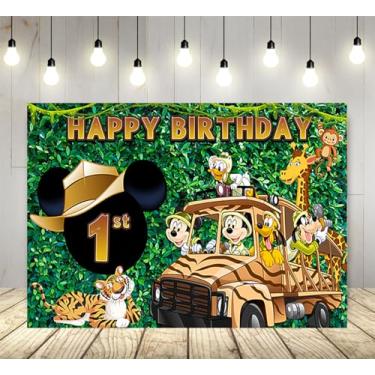 Imagem de Pano de fundo verde selvagem para Mickey Safari 1º aniversário suprimentos de festa de 1,5 x 0,9 m selva safári foto fundo para decoração de festa temática Mickey Banner de chá de bebê
