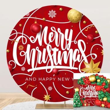 Imagem de Leyiyi 2,2 x 2,2 m, fundo redondo mágico vermelho e feliz ano novo, flocos de neve brancos, fundo de fita de bola de Natal vermelho e dourado para fotografia, férias de inverno, Natal, véspera de ano