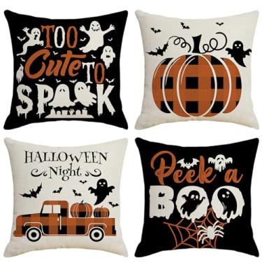 Imagem de Ni-JASW Conjunto de 4 capas de almofada xadrez laranja preto búfalo Halloween 45,7 x 45,7 cm fantasma assustador abóbora caminhão fronhas para sofá