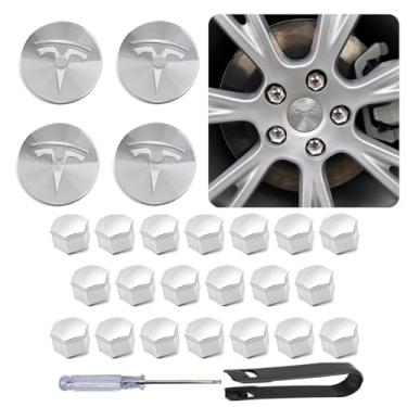 Imagem de Kit de Tampas de Roda Citigo para Tesla Model Y/Model 3, 4 Tampas Centrais do Cubo + 20 Tampas de Porcas + Extrator e Chave de Fenda para Desinstalação, Prata