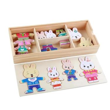 Imagem de Brinquedo Quebra-Cabeça Infantil de Madeira Troca de Roupas, Animais Amigos Fantasiados, 4 Personagens, Brinquedo Educativo Montessori (Familia Coelho)