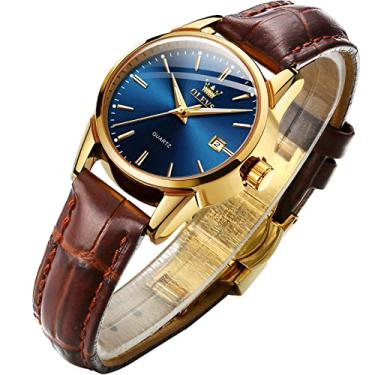 Imagem de OLEVS Relógios De Couro Azul Feminino, Marrom, Fino, Pequeno, Casual, Analógico, Quartzo, Fácil Leitura, Vestido Negócios, Resistente À Água, Calendário, Clássico, Simples