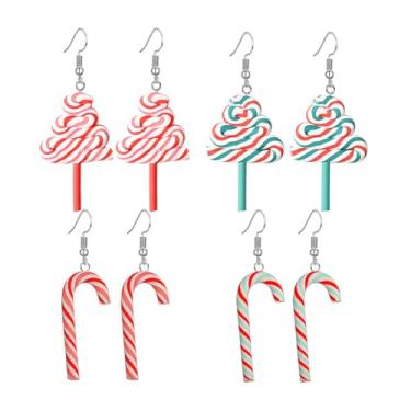 Imagem de Dreuyet 4 pares de brincos de pirulito de arco-íris coloridos fofos para mulheres, criativos, exclusivos, simulação, doces, doces, açúcar, brincos de pirulito kawaii, joias de Natal, Middle, argila de