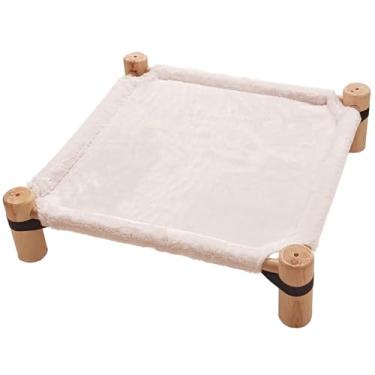 Imagem de Pozico Cama de rede para gatos – Cama elevada de madeira para gatos/cães com tecido fofo de inverno – Móveis elevados para animais pequenos, gatos e pequenos – espreguiçadeira interna de pelúcia