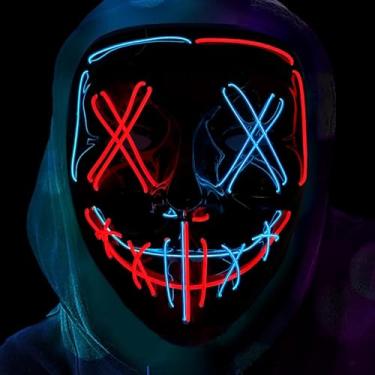 Imagem de KaTiSeMo Máscara de Halloween, máscaras de LED iluminadas, máscaras de Halloween The Purge com 4 modos de iluminação, máscara de grito assustador para cosplay de festival (azul + vermelho)