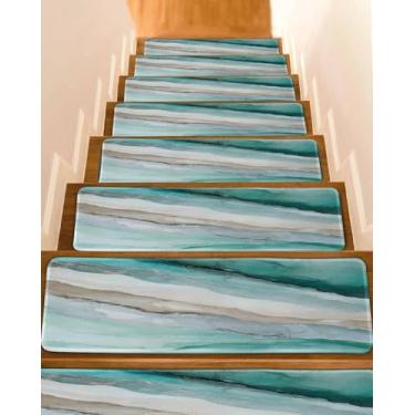 Imagem de Passos de escada para degraus de madeira internos, textura de mármore vintage, sem costura, passos, tapete antiderrapante para crianças idosos, cães, animais de estimação, tapete de escada lavável com