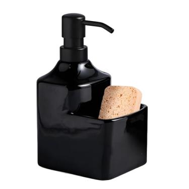 Imagem de Dispensadores de sabão de bancada de cerâmica com suporte de esponja, dispensador de sabão líquido 2 em 1 para mãos e pratos, bomba e suporte de esponja, organizador de bancada para pia de cozinha e