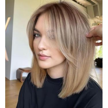 Imagem de ALANHAIR Peruca loira marrom ombré para mulheres, peruca loira acinzentada com franja de cortina, comprimento dos ombros, peruca sintética natural para uso diário