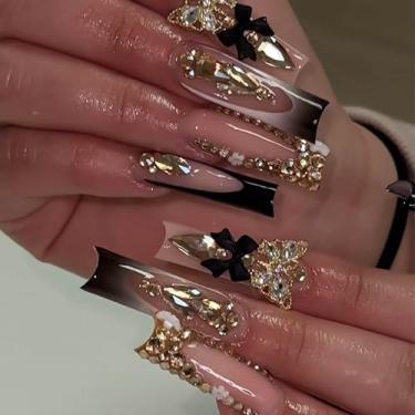 Imagem de RUOKEXIN Unhas postiças pretas com ponta francesa – Unhas postiças quadradas com desenhos de borboleta 3D dourada, cola com glitter, laço preto, unhas adesivas fofas para mulheres - 24 peças