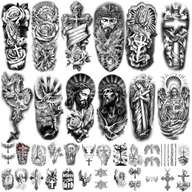 Imagem de Tatuagem temporária de cruz cristã para mulheres e homens, 17 folhas, meio braço, grande, religioso, Jesus Deus, tatuagens falsas, 60 folhas, anjos, cristo negro, para adultos, crianças, tatuagens