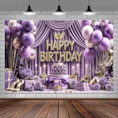 Imagem de Pano de fundo de aniversário roxo prata elegante, balões de salto alto, coroa, bolo, presente, rosa, feliz aniversário, decoração de festa, pano de fundo, adulto, feminino, comemorações, aniversário