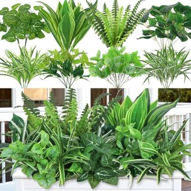Imagem de DEMIUKO 18 peças de plantas artificiais ao ar livre resistentes aos raios UV, caules falsos, samambaias, arbustos, plantas de plástico para jardim, pátio, varanda, janela, caixa, decoração de casa