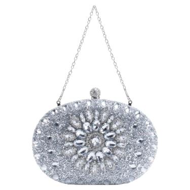 Imagem de Bolsa Clutch Festa Feminina Prata Full Diamond Alça Haste Metálica Mão Ombro Transversal Com Correntes Removíveis