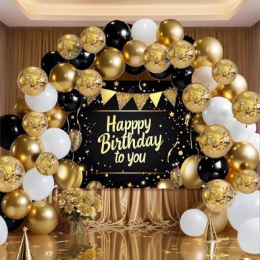 Imagem de Faixa de festa de aniversário com balões – Decoração premium de cabine fotográfica para crianças, adultos – Tecido resistente a rugas (preto dourado)