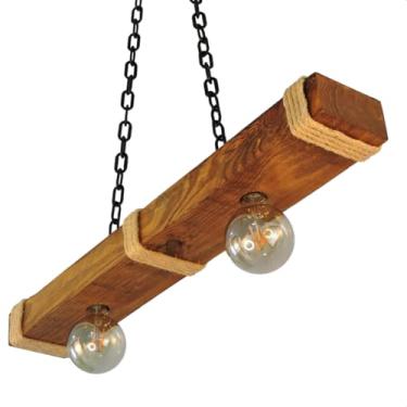 Imagem de Luminária Pendente Caibro Rústico com Corda Sisal – Bocais E27 para Sala, Quarto e Área Gourmet (Verniz Claro, Média)