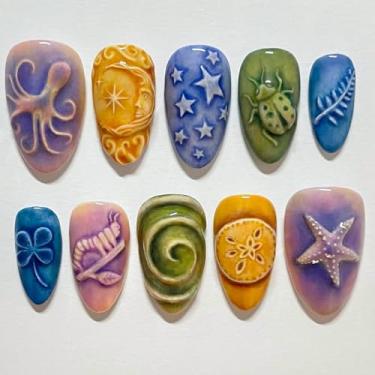 Imagem de Pregos postiços de amêndoa de comprimento médio padrão de impressão plana reutilizável unhas postiças retrô com design de inseto fofo prensa cola nas unhas para mulheres, 24 peças