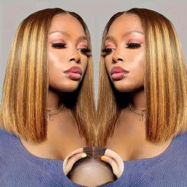 Imagem de Peruca de cabelo humano 12 x 12 cm, com fecho de renda, destaques 4/27, peruca sem cola, pré-arrancada com cabelo de bebê, 40,6 cm, densidade de 200, peruca bob, lisa, HD, transparente, frente ombré