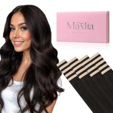 Imagem de MAXITA Extensões de cabelo humano com fita adesiva marrom escuro 35 cm 50 g 20 peças fita de cabelo humano invisível liso em extensões trama de pele cabelo humano real