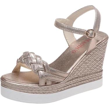 Imagem de Sandálias Femininas Cunhas Calçados Sandálias De Plataforma De Verão Sapatos Femininos Fivela Feminina Slip On Peep Toe Weave Senhoras Casual, Silver, 40 EU