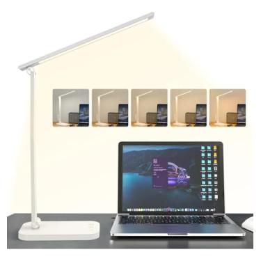 Imagem de Luminária de Mesa LED com Dupla Alimentação Tomada e USB, 50 LEDs 320Lm, Dimerização Contínua 3000K-6000K, Timer 45min, Toque Sensível, Ideal para Escritório, Estudo e Quarto, Branco