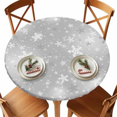 Imagem de Toalha de mesa redonda de Natal com flocos de neve prateados elásticos toalha de mesa branca de inverno com neve para cozinha, jantar, festa de Natal, decoração de piquenique, serve para mesas de até