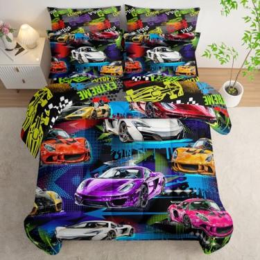 Imagem de AILONEN Jogo de edredom de carro de corrida para crianças, meninos, adolescentes, solteiro, 7 peças, cama de esportes radicais em uma bolsa, edredom e lençol com elástico com lençol de cima, 2 fronhas