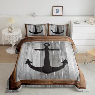 Imagem de Feelyou Conjunto de edredom com tema náutico de âncora, Queen, para meninos, meninas, adolescentes, oceano, aventura marítima, conjunto de edredom cinza