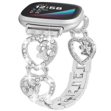 Imagem de Pulseira feminina de metal brilhante compatível com Fitbit Versa 3/Versa 4/Sense/Sense 2, pulseira feminina em forma de coração de amor, pata de cachorro, pulseira fofa (prata)