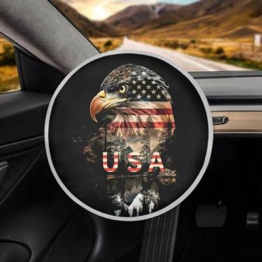 Imagem de Whosucclay Capa de proteção solar para volante de águia com bandeira dos EUA, proteção para volante anticalor, protetor interno de carro, capa de volante para homem - preta