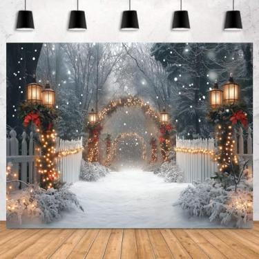 Imagem de RBQOKJ 2,1 x 1,5 m, flocos de neve de inverno, cenário de floresta, cerca branca, lâmpada de rua, paisagens de neve, cenário de fotos, Natal, noite, férias, festas, fotos, cenários de fotos para vídeo