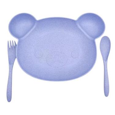 Imagem de kit Refeição Infantill Prato formato Urso, Colher E Garfo - Libaby, Az
