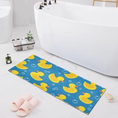 Imagem de Tapete de banheiro pato amarelo sobre tapete de banho azul 99 x 50 cm macio absorvente felpudo tapete de banho antiderrapante lavável para banheiro, banheira, chuveiro