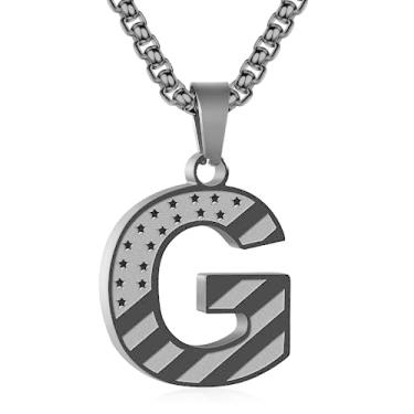 Imagem de Zocomi Colar com pingente de inicial da bandeira americana para homens e meninos, corrente de aço inoxidável 316L A-Z caixa de letras 50 + 5 cm joias presentes, Aço inoxidável, Sem Pedra Preciosa
