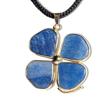 Imagem de Colar Trevo da Sorte 4 Folhas em Quartzo Azul Dourado - Atraia Boas En