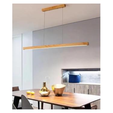 Imagem de Luminária Pendente Linear com Controle Remoto, Luminária Pendente LED Mesa de Jantar Madeira Regulável, Luminária Pendente Design Linear Luminária Mesa de Jantar, Lustre para Sala de Jantar