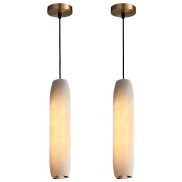 Imagem de KlkrzJwy Luminária pendente de mármore moderna e minimalista Luminária suspensa de cabeceira Luminária pendente de cobre com altura ajustável Lustre de tubo longo para sobre a mesa Sala de e