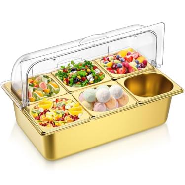 Imagem de Ziliny Recipiente para servir comida de bancada e tampa superior transparente com 6 frigideiras, bandeja de servir comida de aço inoxidável, buffet, dispensador de condimentos, prateleira de exibição
