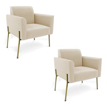 Imagem de Poltrona Pé de Ferro Dourado Decorativa Kit 2 Marisa Suede Bege D03 - D'Rossi