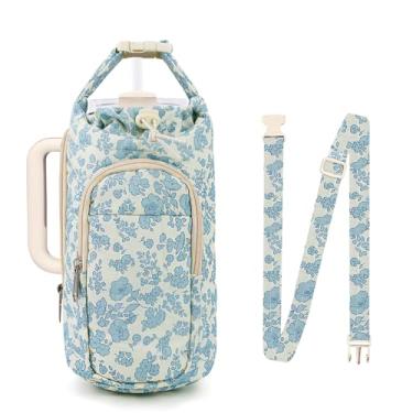 Imagem de Bolsa de suporte para garrafa de água com alça, bolsa floral acolchoada para Stanley Cup, bolsa transversal de 40/947 ml, acessórios de academia, bolsa de transporte para garrafa de água com bolso
